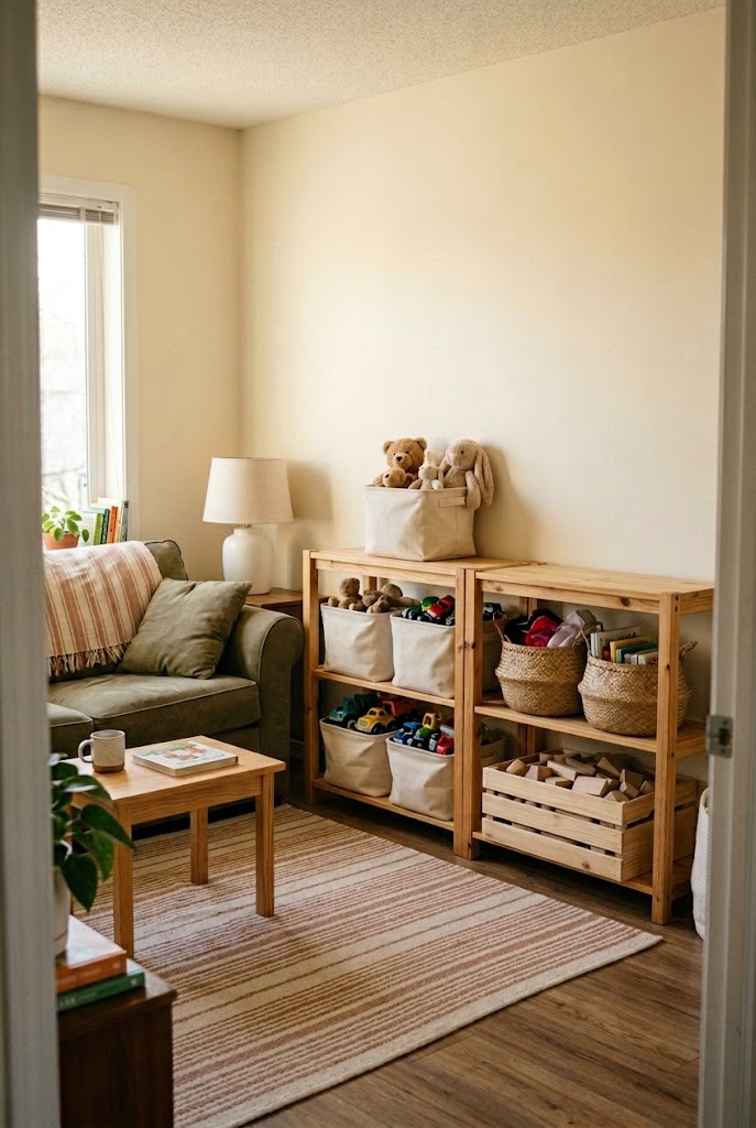 AI-generated family living room concept with toys in open containers on simple wooden shelves, arranged where children can see and reach them.