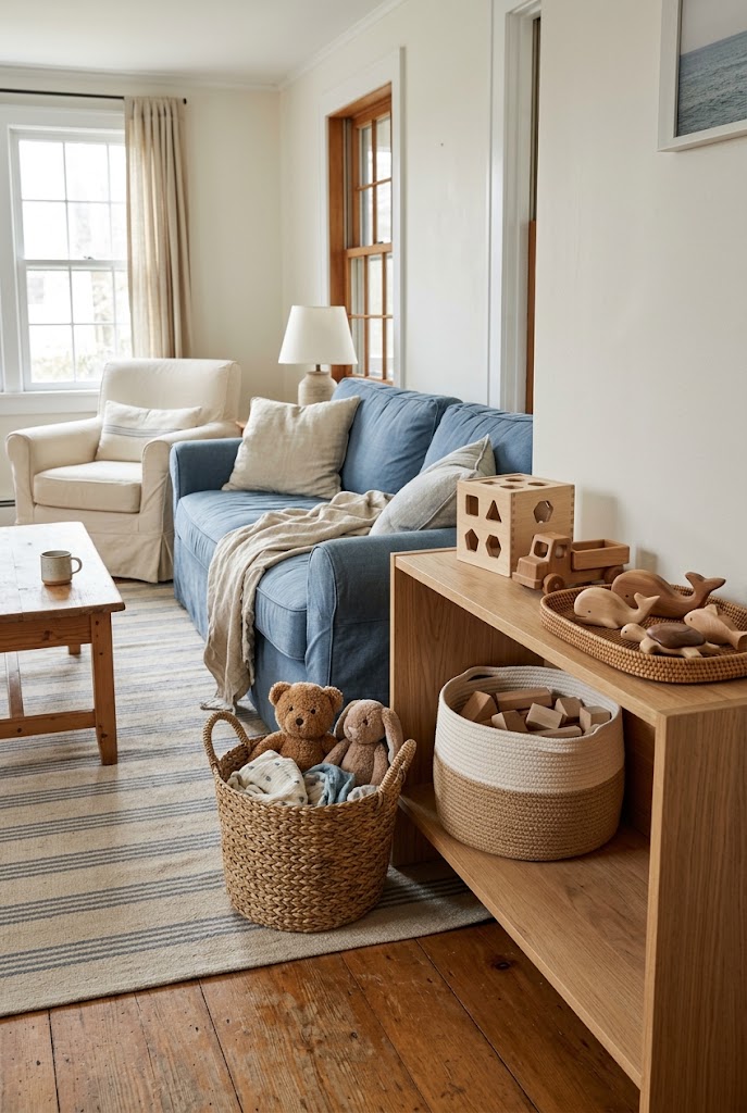 AI-generated design concept illustrating natural-material storage in a family living room.