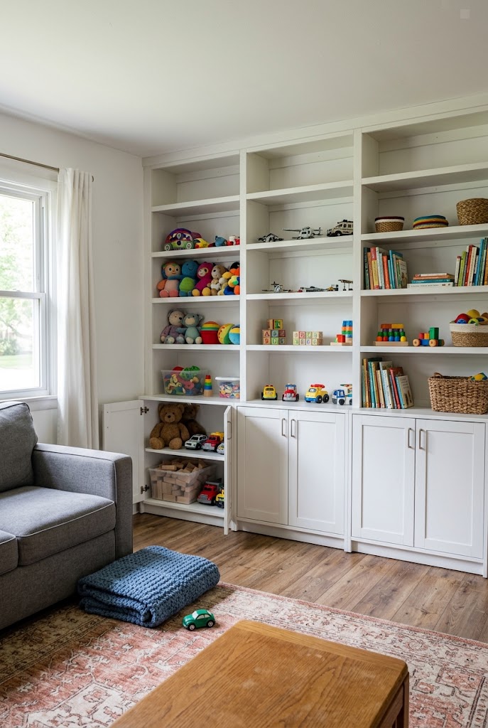 AI-generated design concept illustrating affordable built-in look in a family living room.