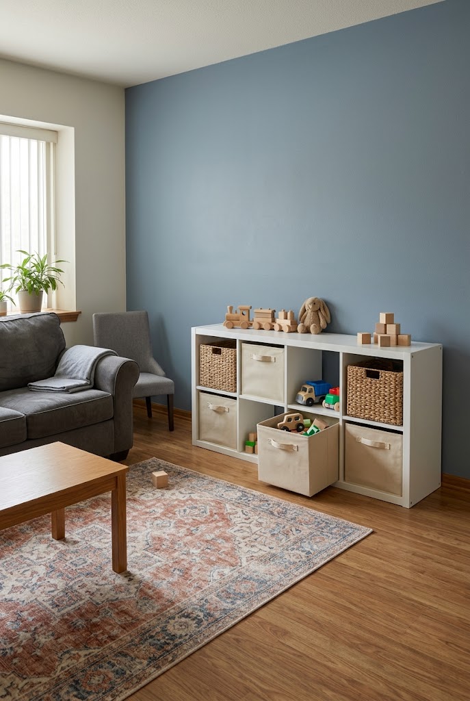 AI-generated design concept illustrating basic cube organizer in a family living room.