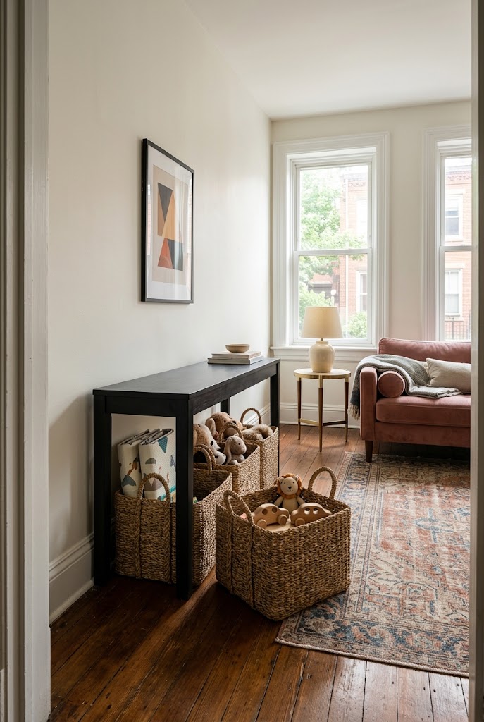 AI-generated design concept illustrating under-console baskets in a family living room.