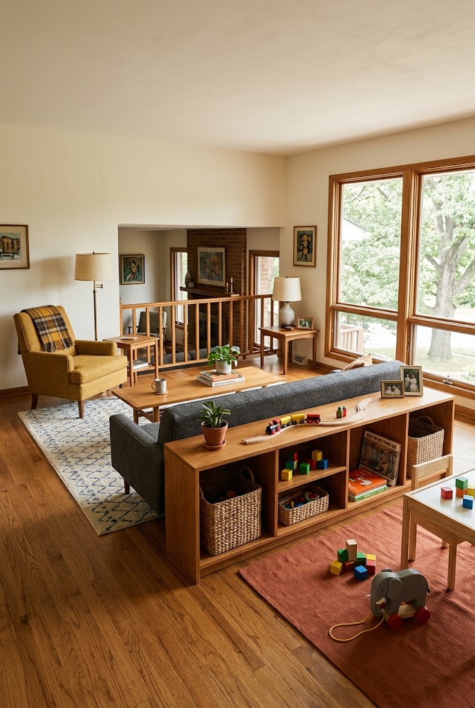 AI-generated design concept illustrating behind-sofa storage in a family living room.