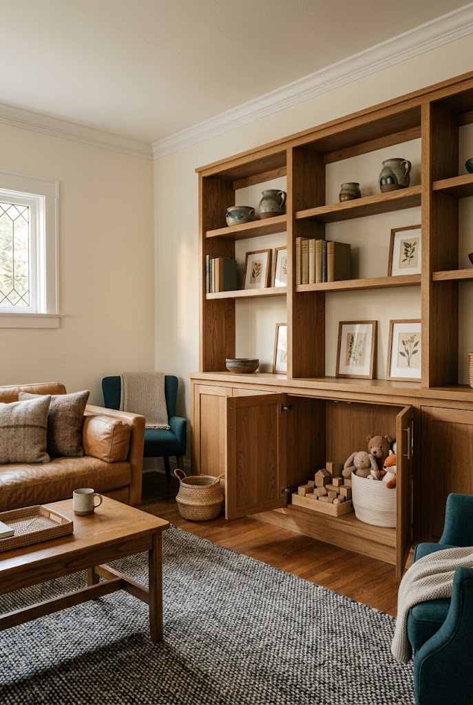 AI-generated design concept illustrating bookshelves with compartments in a family living room.