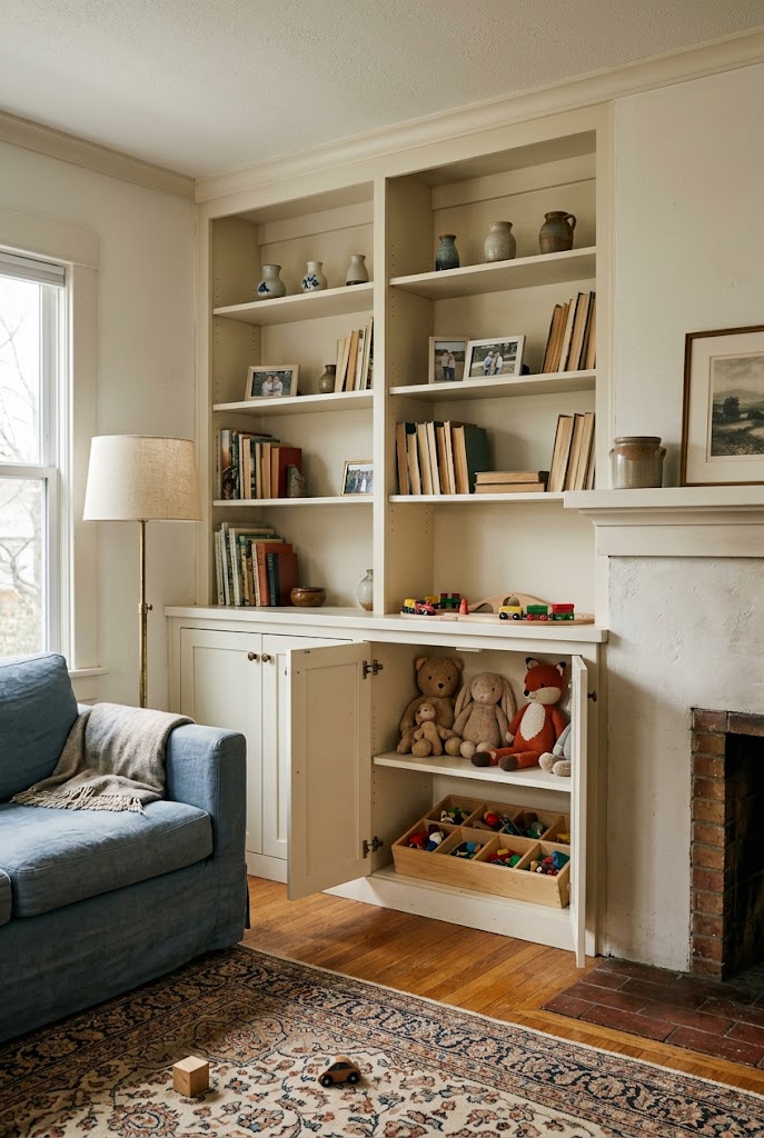 AI-generated design concept illustrating built-in lower cabinets in a family living room.