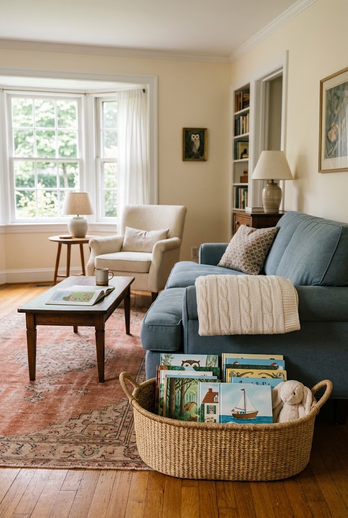 AI-generated design concept illustrating books beside the sofa in a family living room.