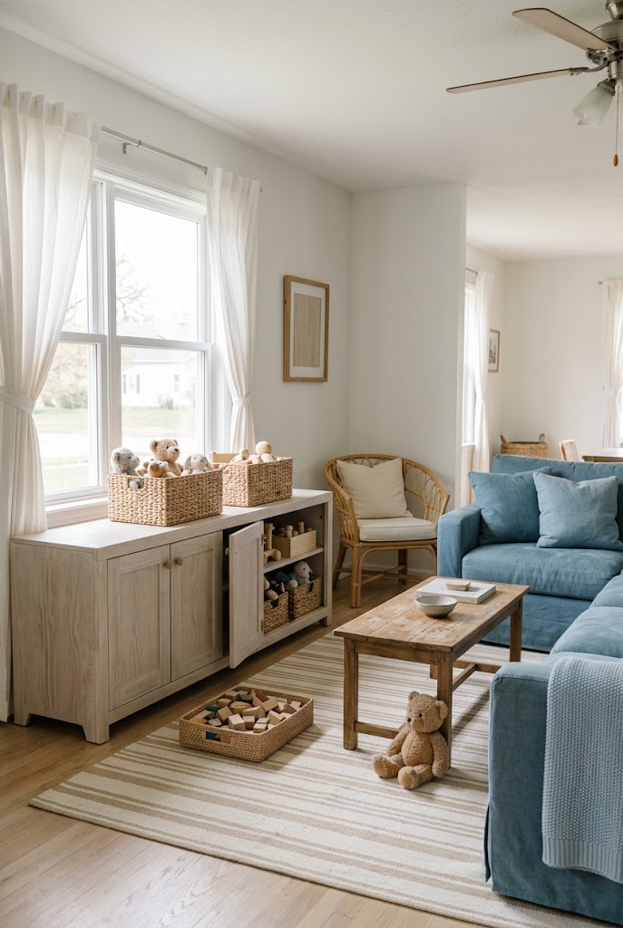 AI-generated design concept illustrating coastal toy-storage zone in a family living room.