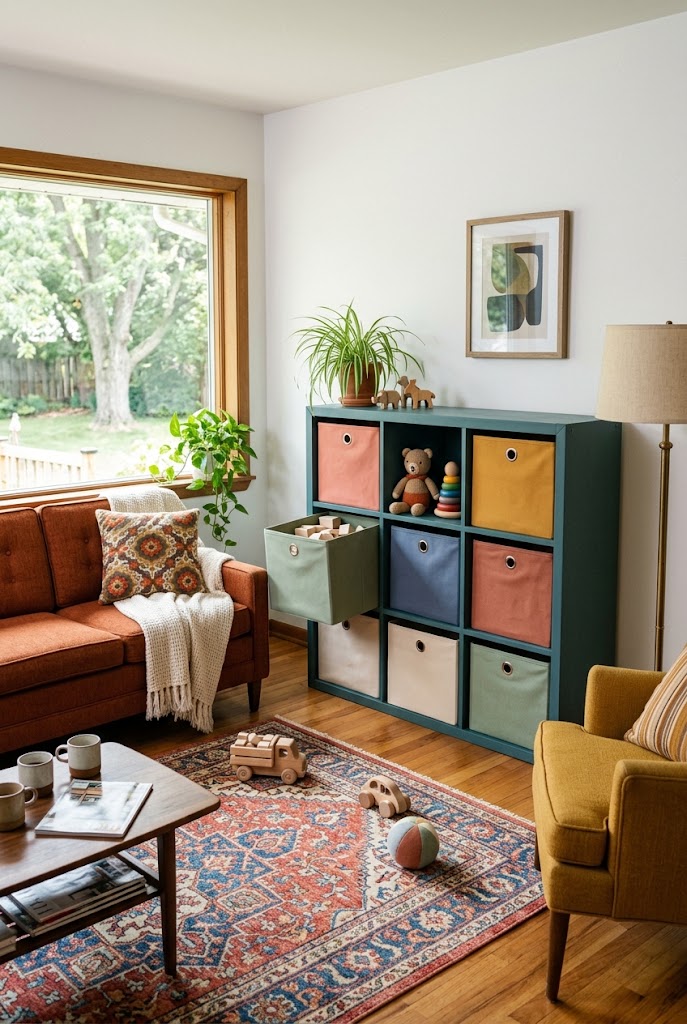 AI-generated design concept illustrating colorful eclectic storage in a family living room.