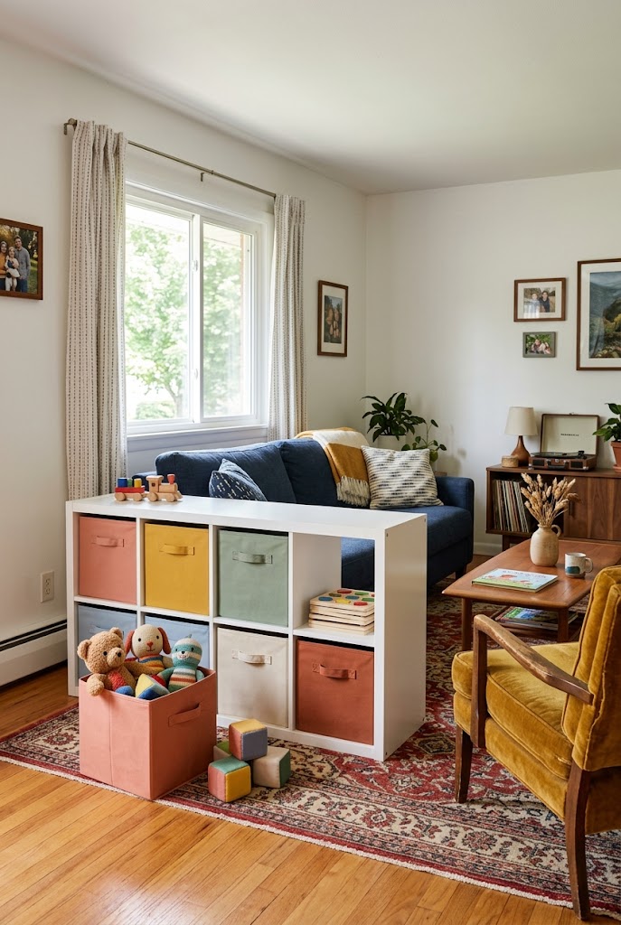 AI-generated design concept illustrating colorful fabric bins in a family living room.