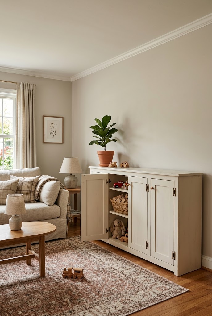 AI-generated design concept illustrating hidden storage cabinet in a family living room.