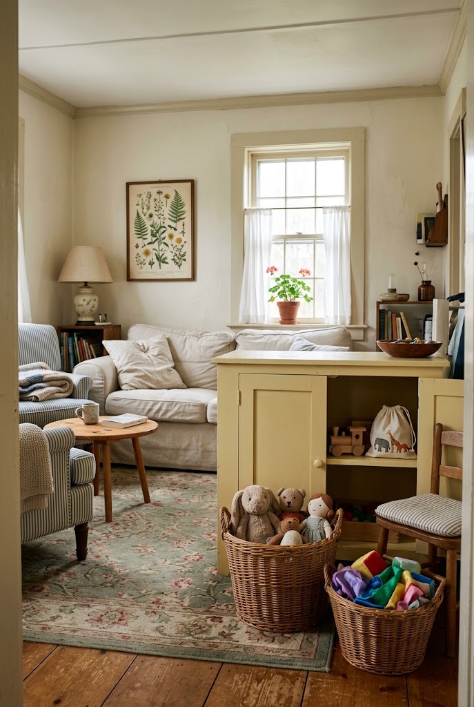 AI-generated design concept illustrating cottage basket storage in a family living room.