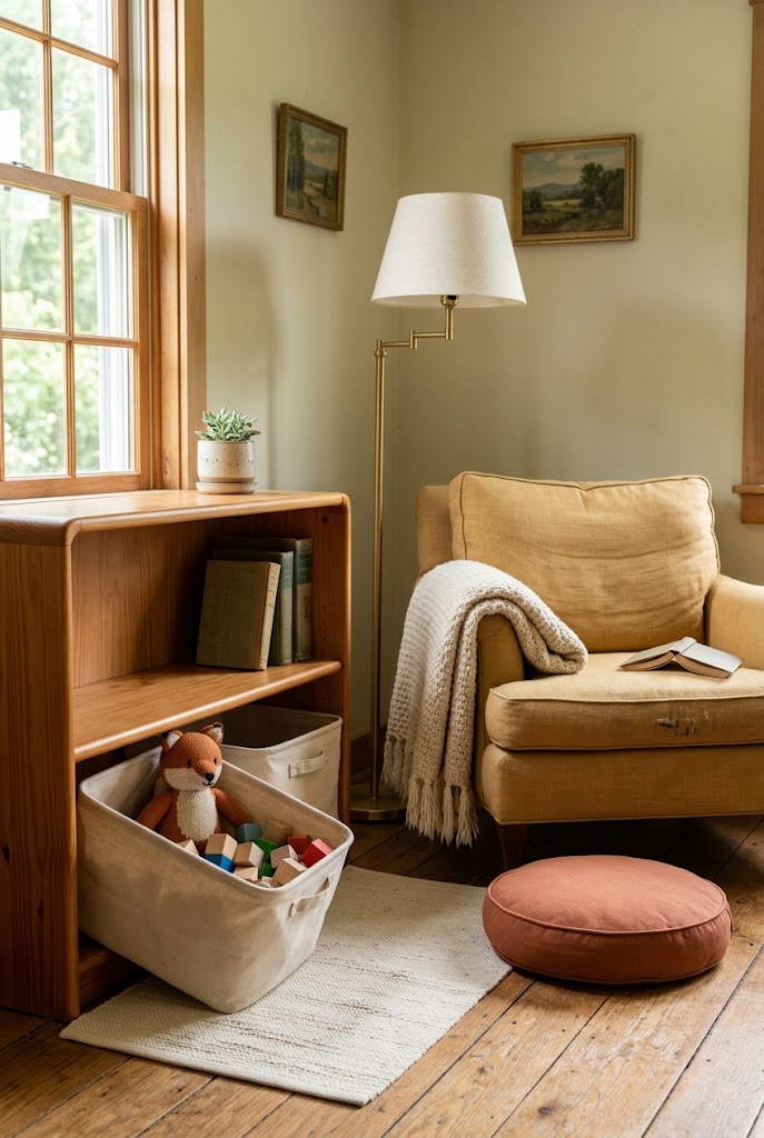AI-generated design concept illustrating cozy reading corner in a family living room.