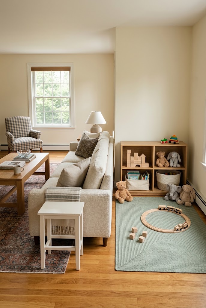 AI-generated design concept illustrating defined play corner in a family living room.