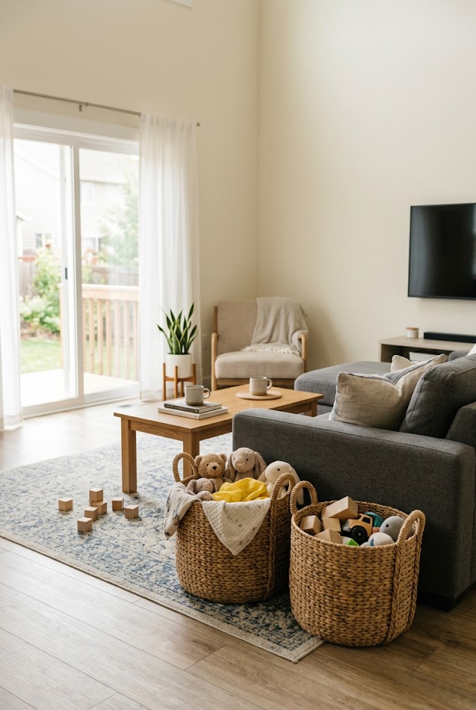 AI-generated design concept illustrating one accessible toy drawer in a family living room.