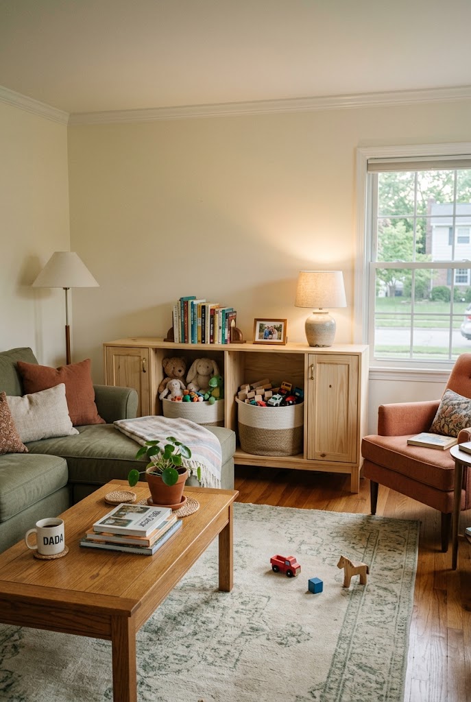 AI-generated design concept illustrating five-minute toy reset in a family living room.