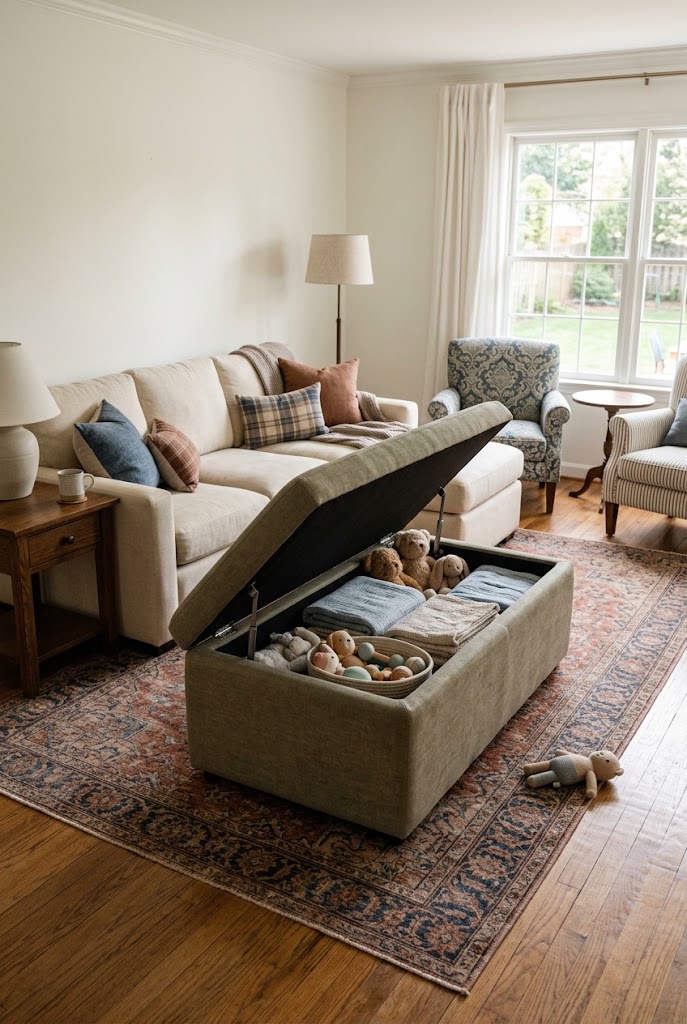 AI-generated design concept illustrating upholstered storage ottoman in a family living room.