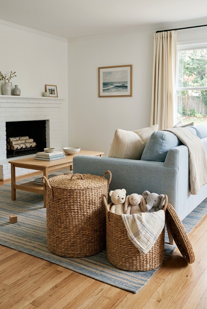AI-generated design concept illustrating lidded basket pair in a family living room.