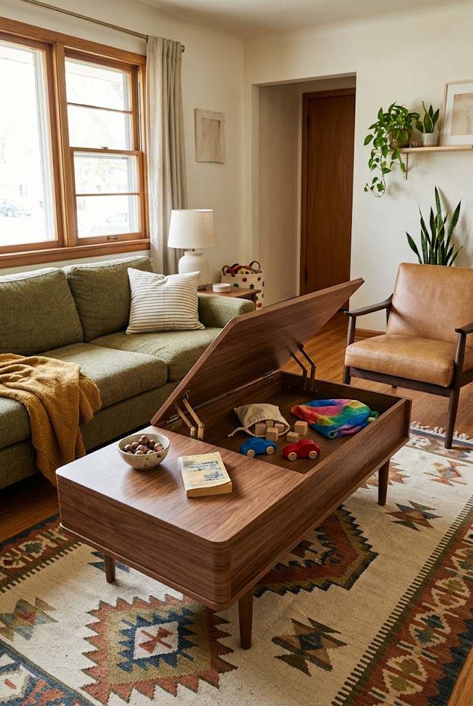 AI-generated design concept illustrating storage coffee table in a family living room.
