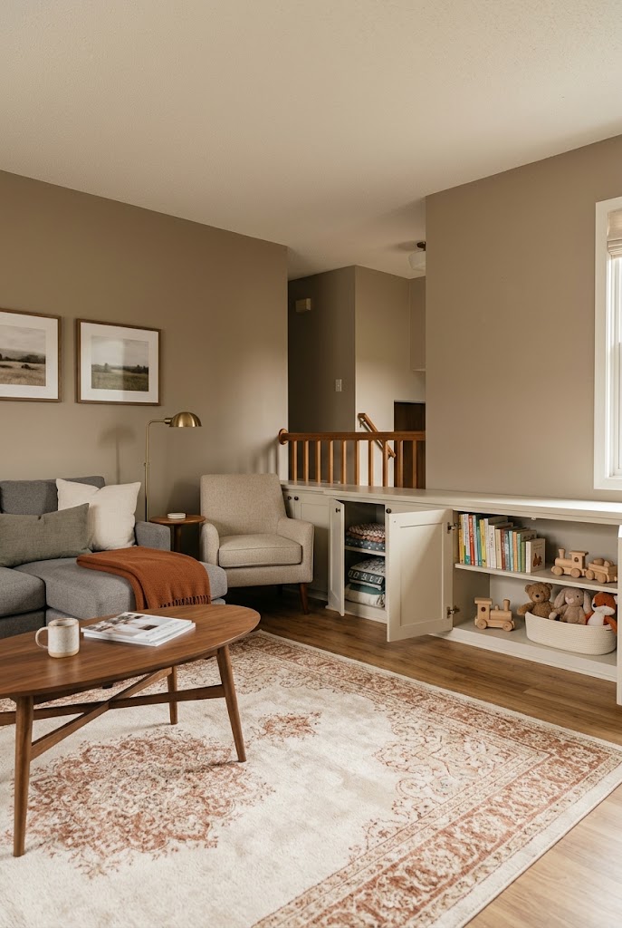AI-generated design concept illustrating low bookshelf in cabinetry in a family living room.