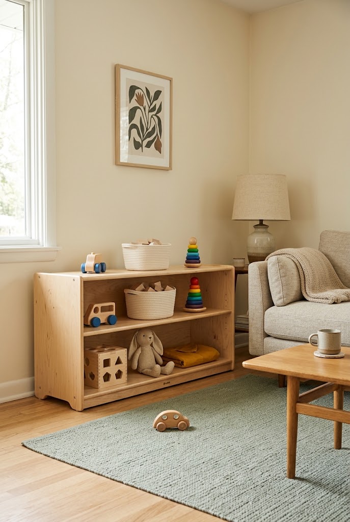 AI-generated design concept illustrating low montessori-style shelf in a family living room.