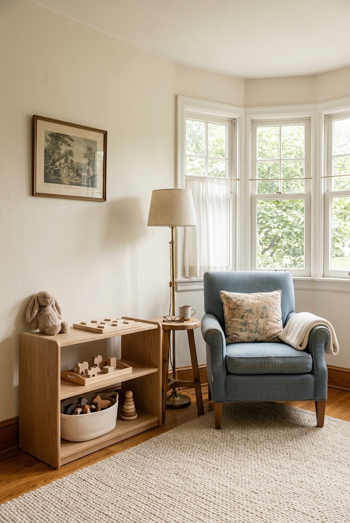 AI-generated design concept illustrating shelf by reading chair in a family living room.