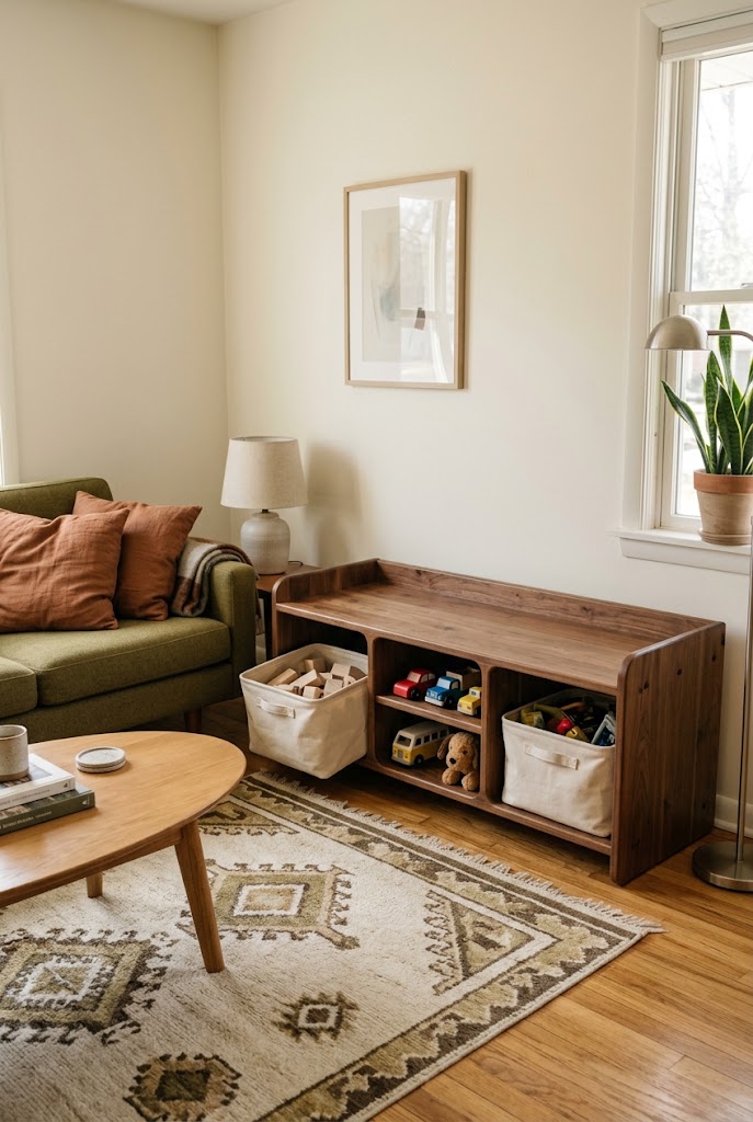 AI-generated design concept illustrating low toy-storage bench in a family living room.