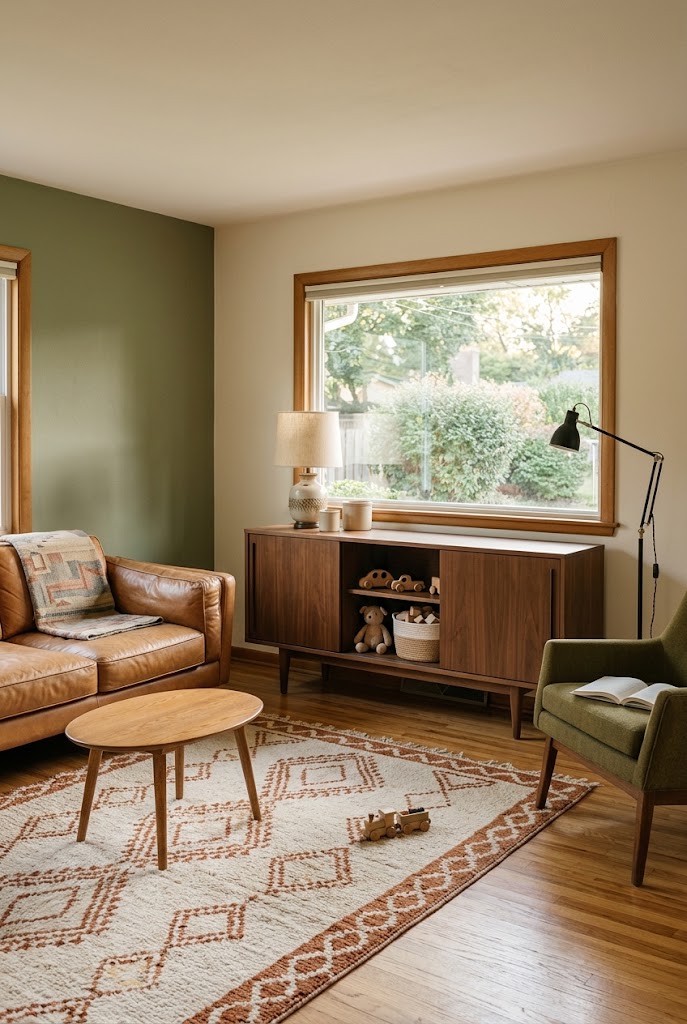 AI-generated design concept illustrating mid-century toy cabinet in a family living room.