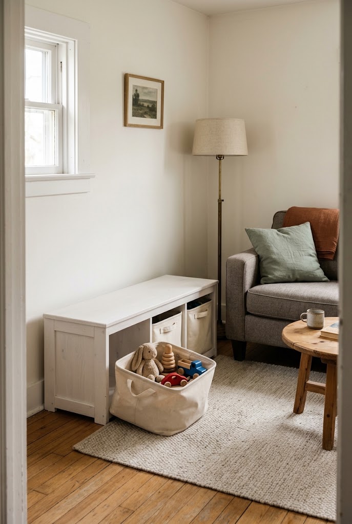 AI-generated design concept illustrating tiny minimalist family room in a family living room.