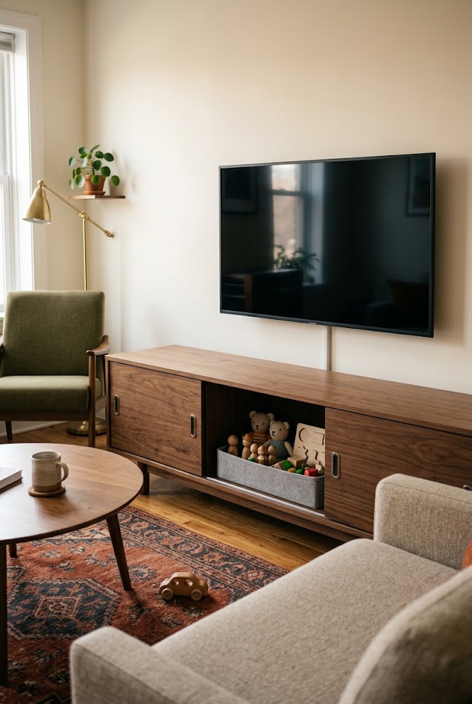 AI-generated design concept illustrating multifunctional media console in a family living room.