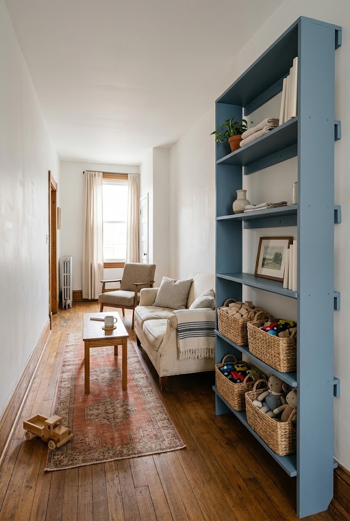 AI-generated design concept illustrating narrow room vertical shelves in a family living room.
