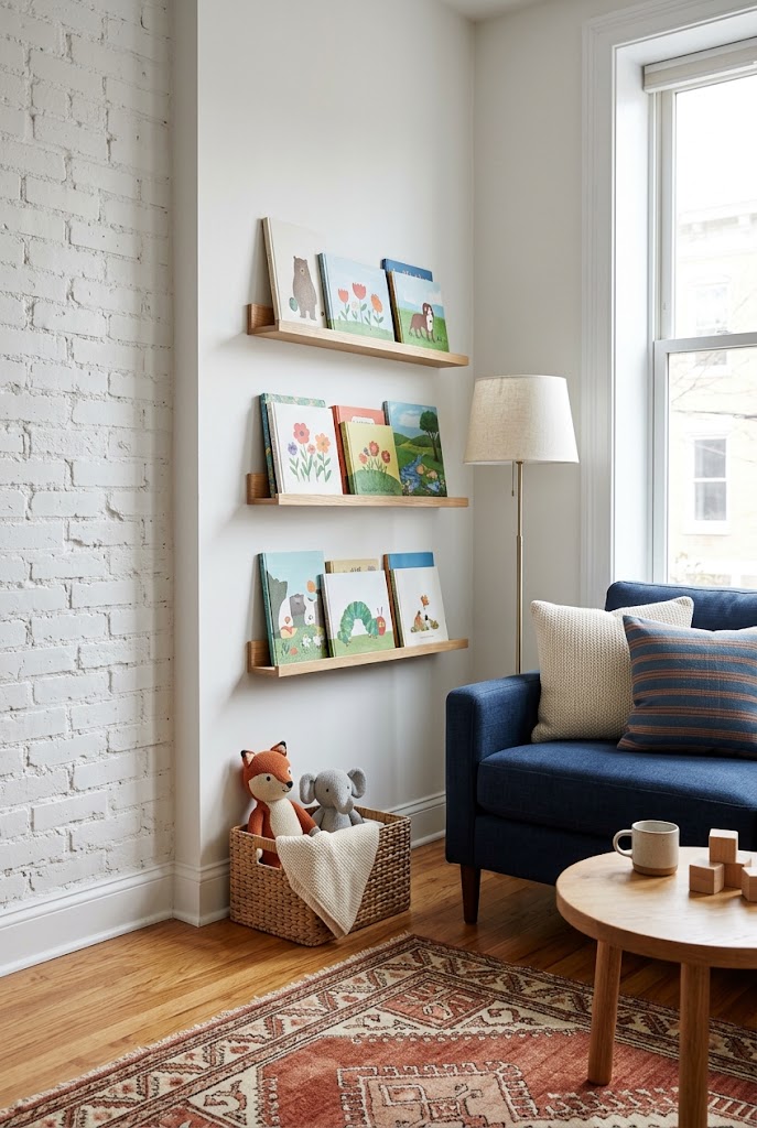AI-generated design concept illustrating picture-book ledges in a family living room.