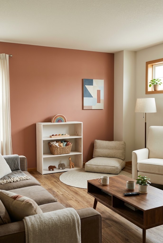 AI-generated design concept illustrating living-room play corner in a family living room.