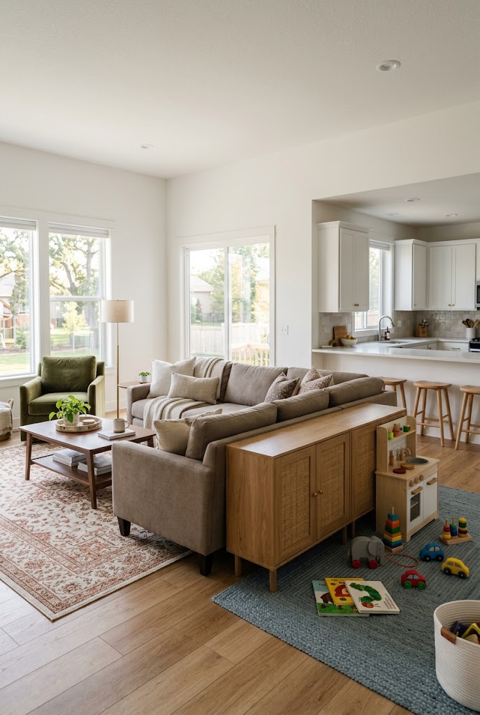 AI-generated design concept illustrating open-concept toy zone in a family living room.