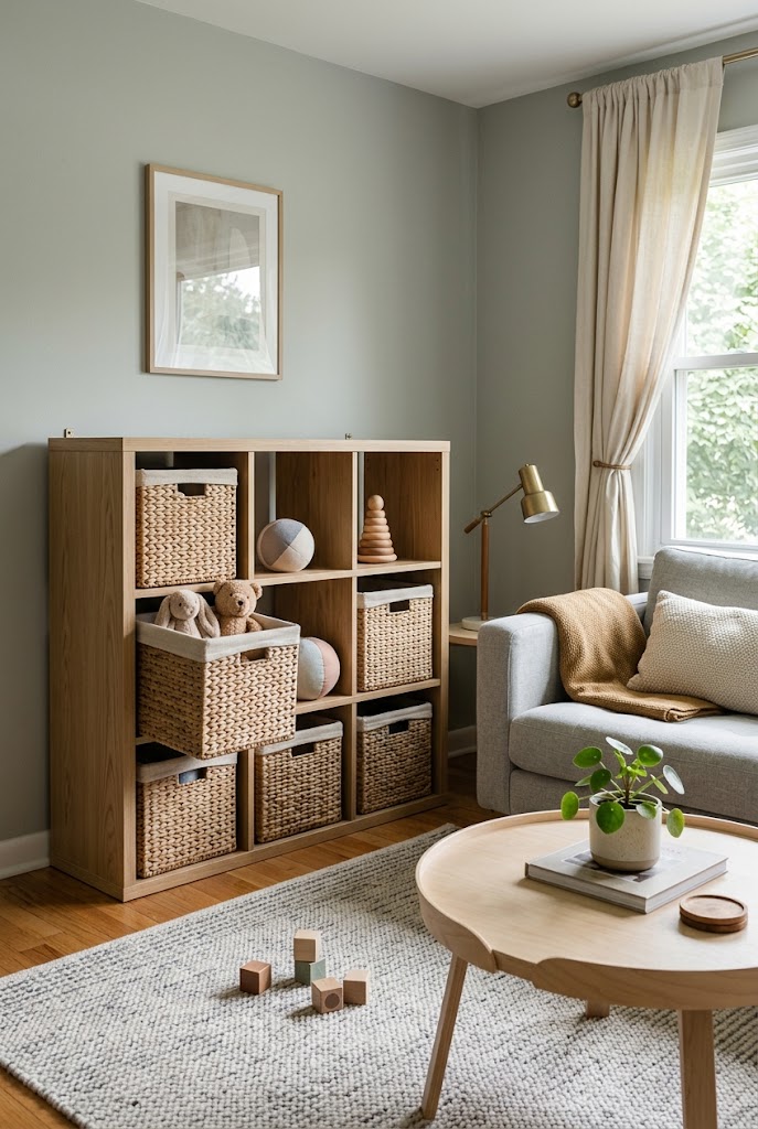 AI-generated design concept illustrating matching open-shelf baskets in a family living room.