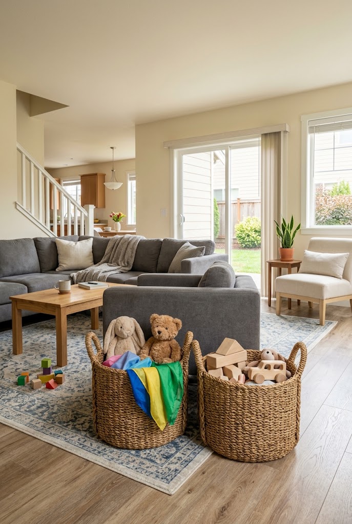 AI-generated design concept illustrating oversized woven baskets in a family living room.