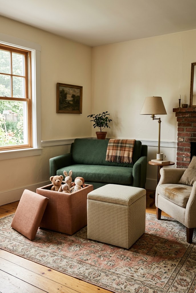 AI-generated design concept illustrating two storage ottomans in a family living room.