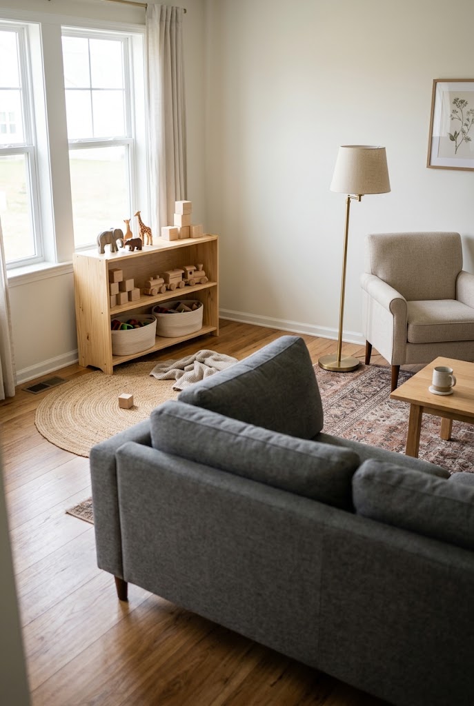 AI-generated design concept illustrating play corner behind sectional in a family living room.