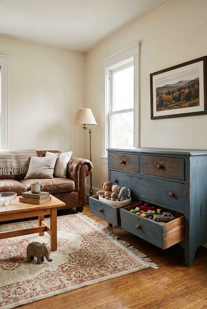 AI-generated design concept illustrating vintage dresser storage in a family living room.