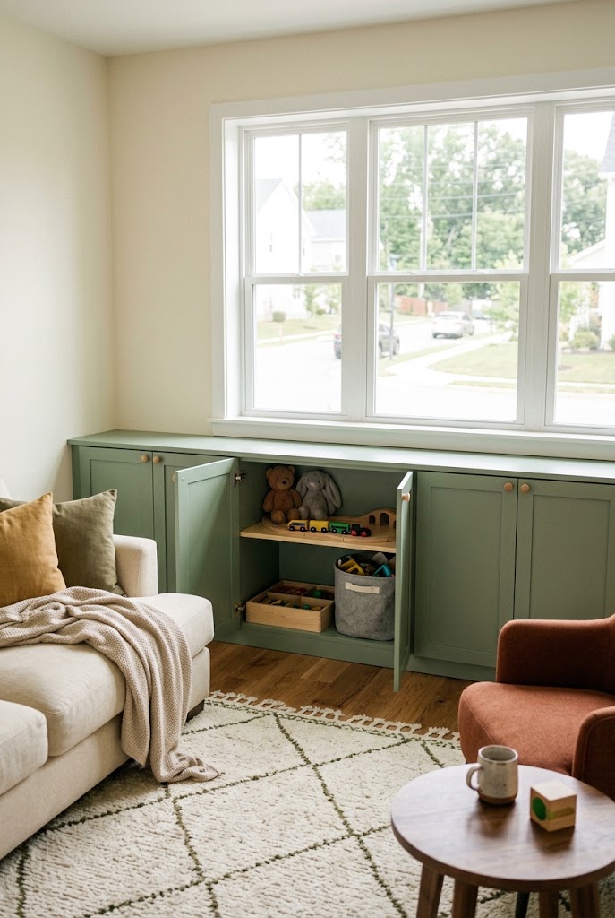 AI-generated design concept illustrating sage-green cabinets in a family living room.