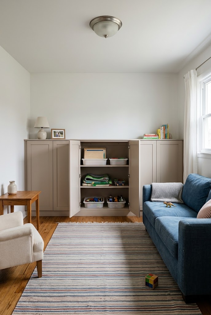 AI-generated design concept illustrating shallow storage wall in a family living room.
