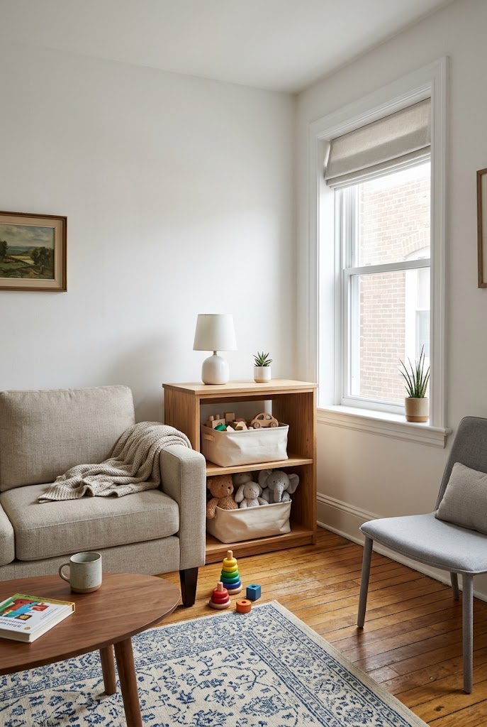 AI-generated design concept illustrating apartment sofa storage in a family living room.