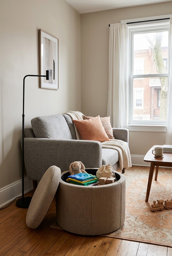 AI-generated design concept illustrating round storage ottoman in a family living room.
