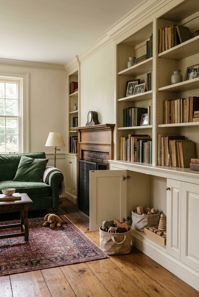AI-generated design concept illustrating traditional low cupboards in a family living room.