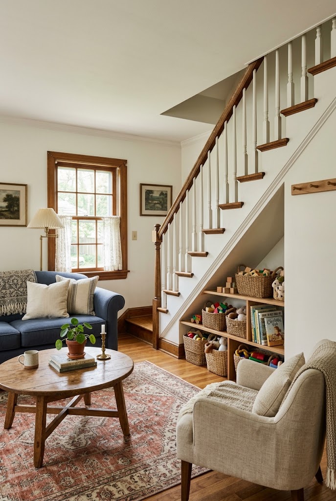AI-generated design concept illustrating affordable low shelf in a family living room.