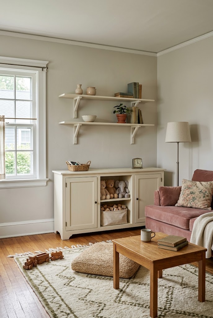 AI-generated design concept illustrating simple shelf and baskets in a family living room.