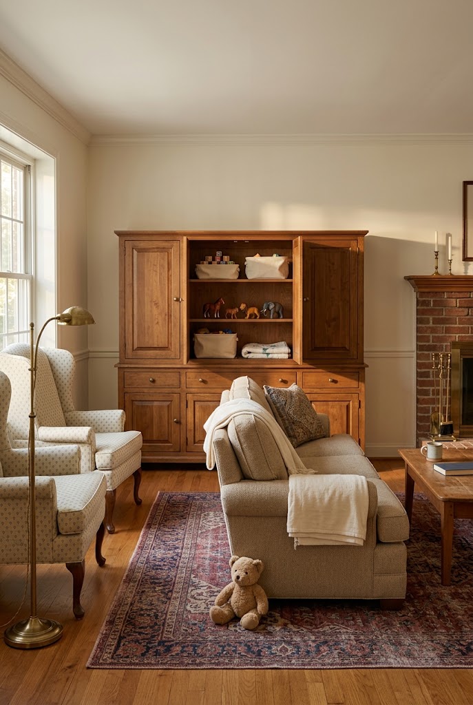 AI-generated design concept illustrating traditional family room in a family living room.