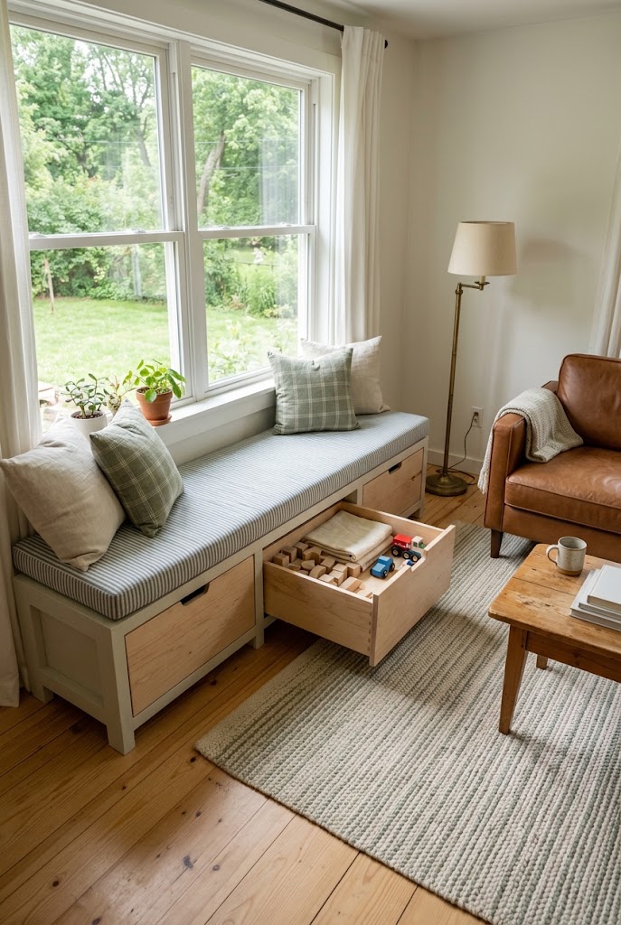 AI-generated design concept illustrating pull-out window drawers in a family living room.
