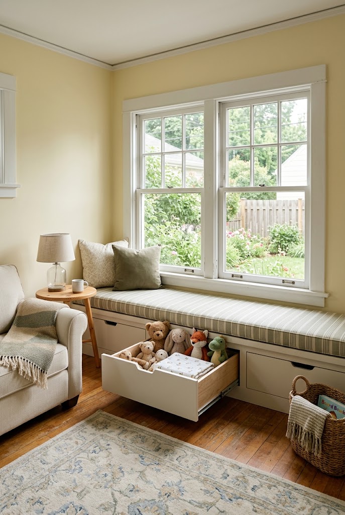 AI-generated design concept illustrating window-seat storage in a family living room.