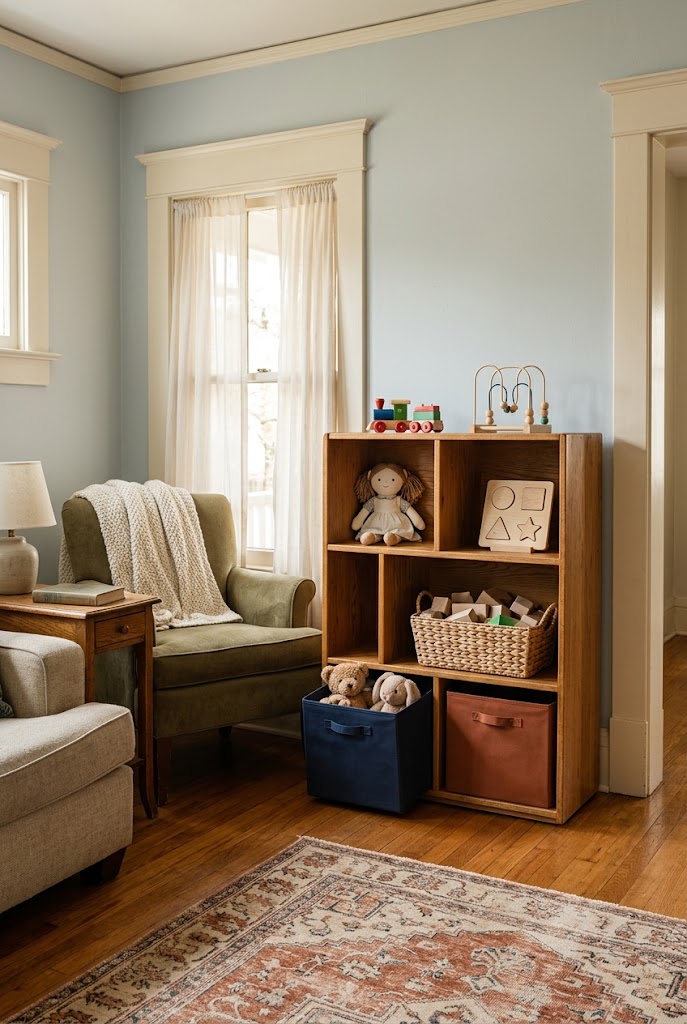 AI-generated design concept illustrating toy-rotation shelf in a family living room.