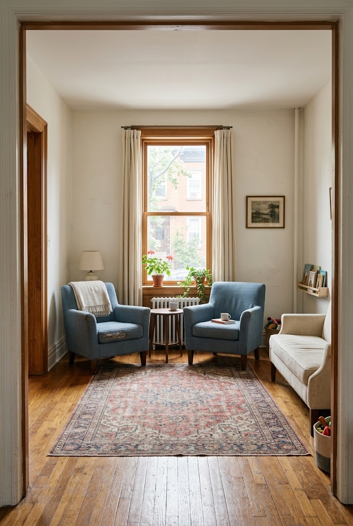 AI-generated concept of make room for two armchairs in a realistic family living room.