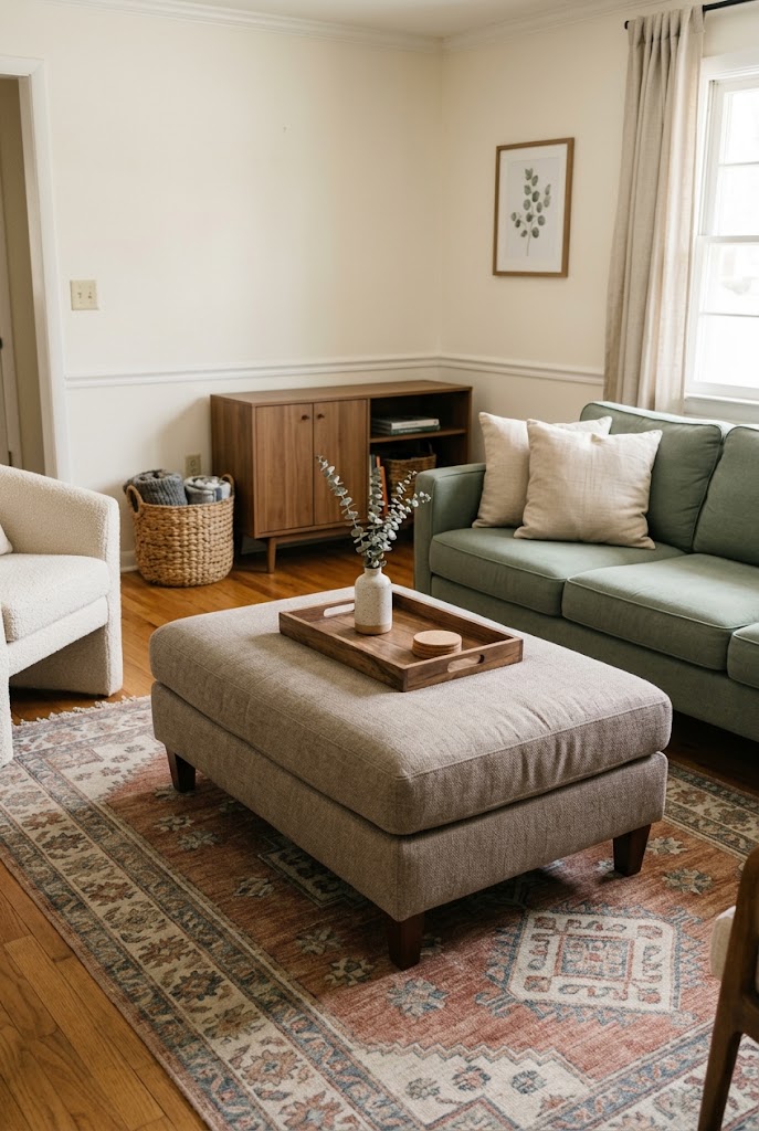 AI-generated concept of swap the coffee table for an ottoman in a realistic family living room.